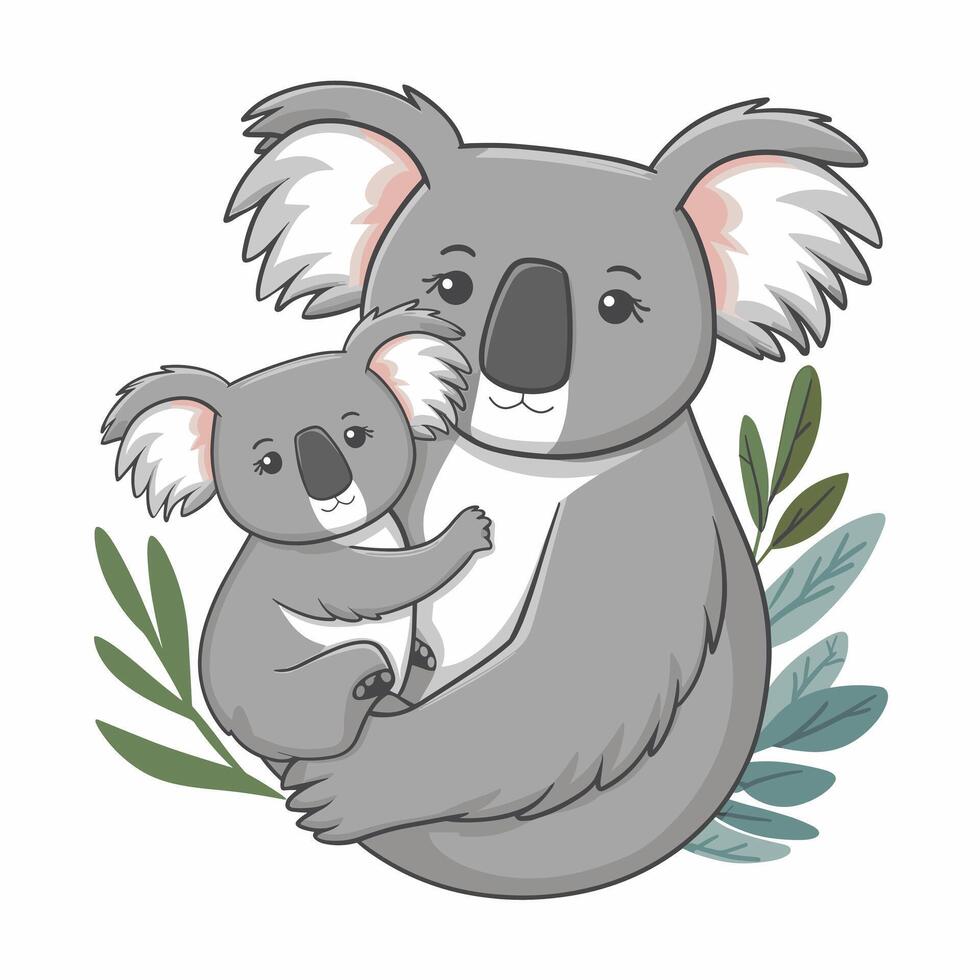 reeks van schattig grijs koala beer in verschillend poses aan het eten slapen bladeren tekenfilm dier ontwerp vlak illustratie geïsoleerd Aan wit achtergrond vector