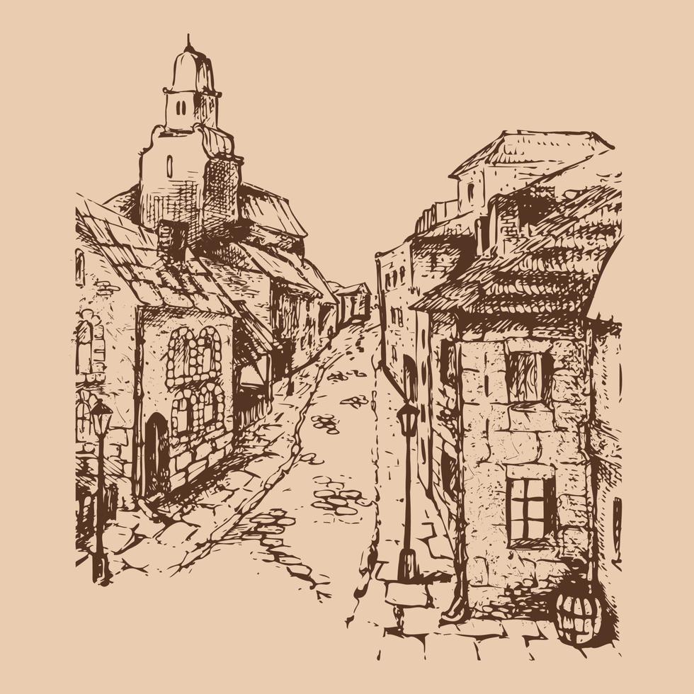 schets van een oude straat met een stenen weg en lantaarns. gedetailleerde tekening uit de vrije hand van huizen, omtrek gescheiden van de achtergrond. vectorillustratie. vector