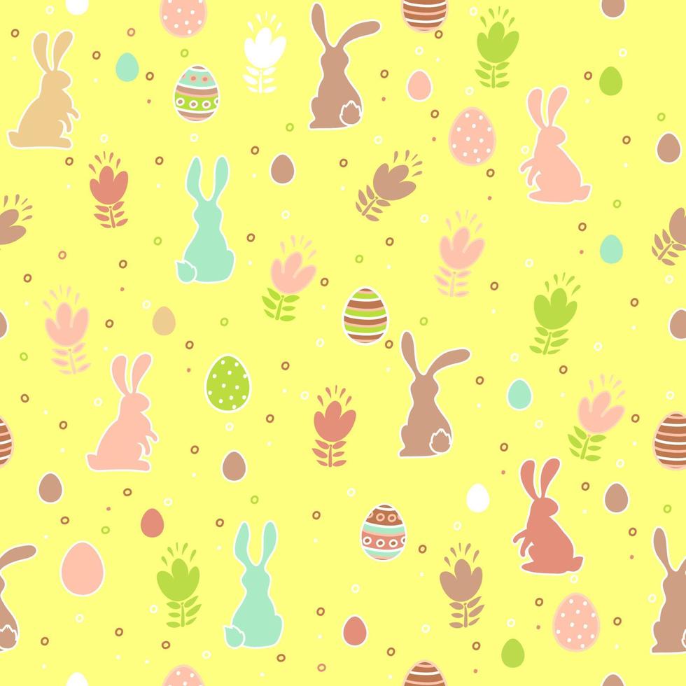 Pasen naadloos patroon met eieren, bloemen en konijntjes op een gele achtergrond. vector
