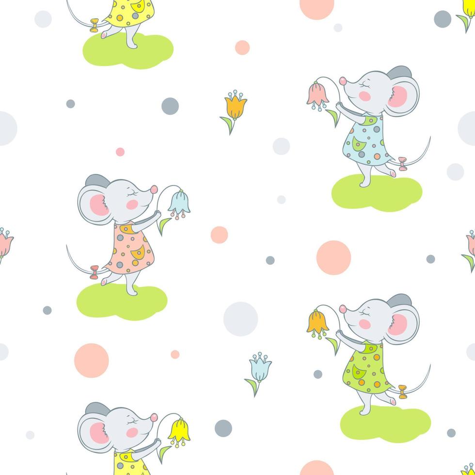 schattige muis in een jurk die danst met een bloem. vector