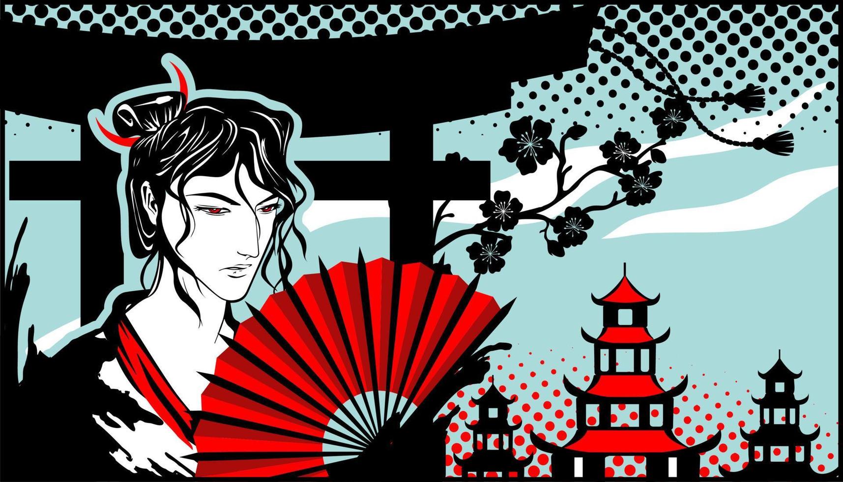 man met een rode waaier in zijn hand in de stijl van manga en anime tegen de achtergrond van pagodes en kersenbloesems. vector