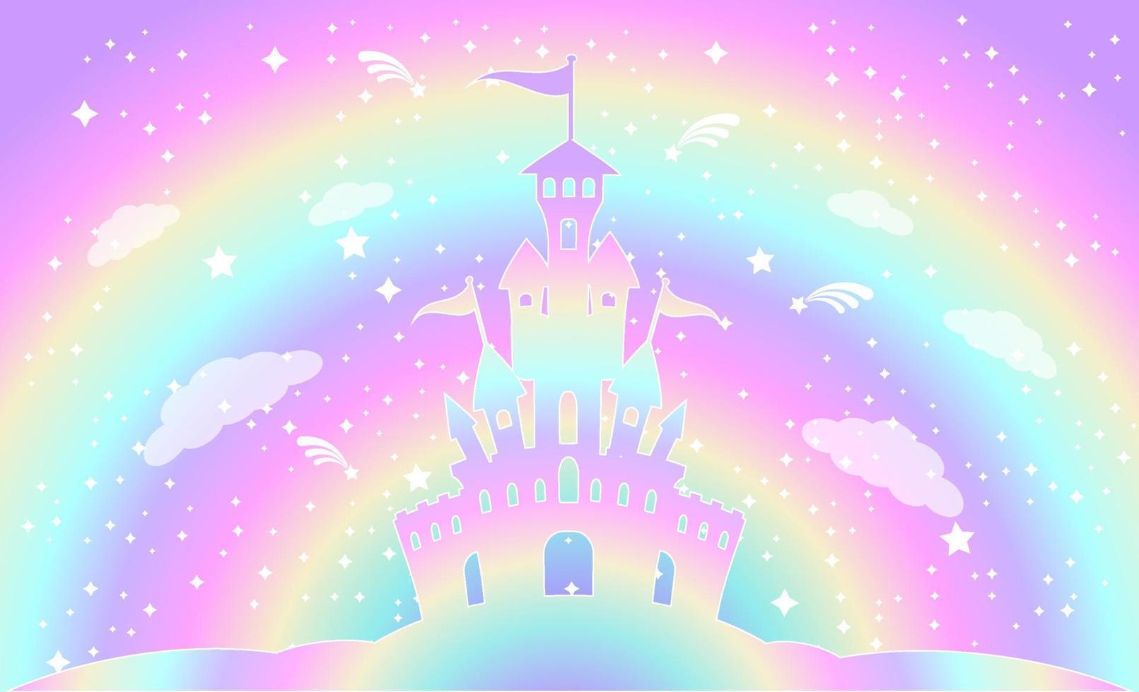 silhouet van een magisch kasteel op een achtergrond van een regenbooghemel met sterren. vector