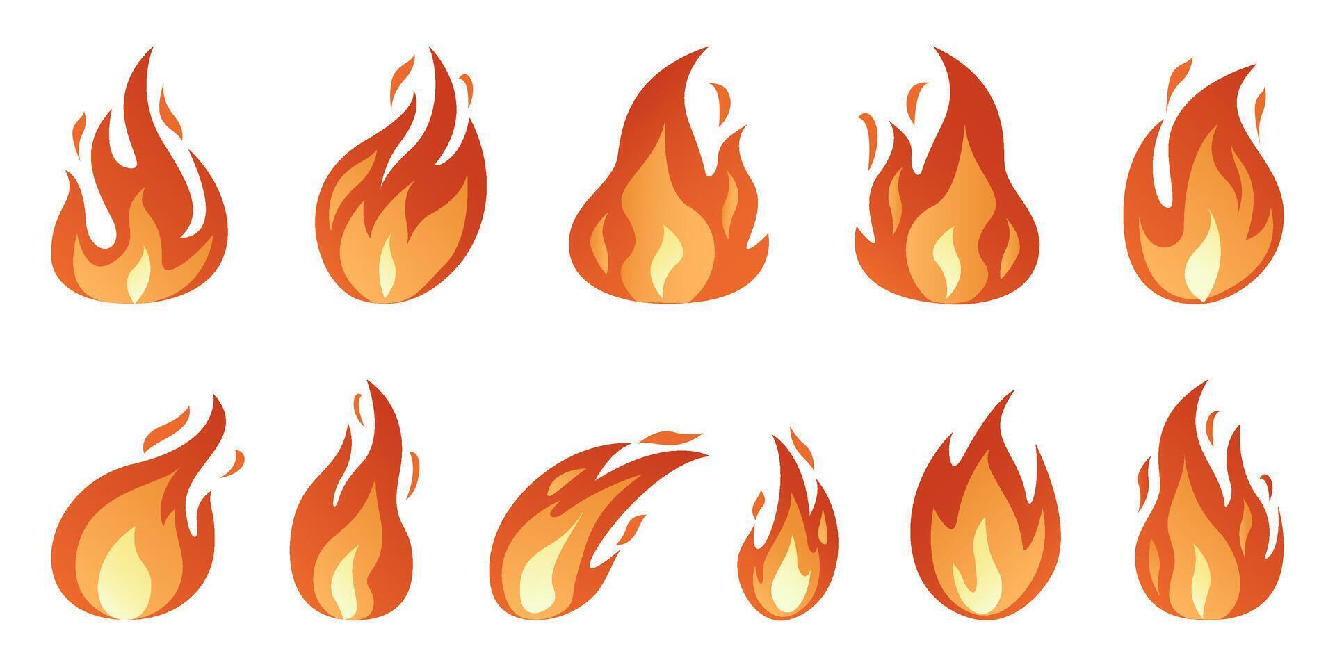 brand vlammen icoon set. helder vuurbol, warmte wildvuur, kampvuur rood heet vreugdevuur, rood vurig vlammen. hand- getrokken geïsoleerd Aan wit. modieus vlak stijl tekenfilm vlam illustratie vector