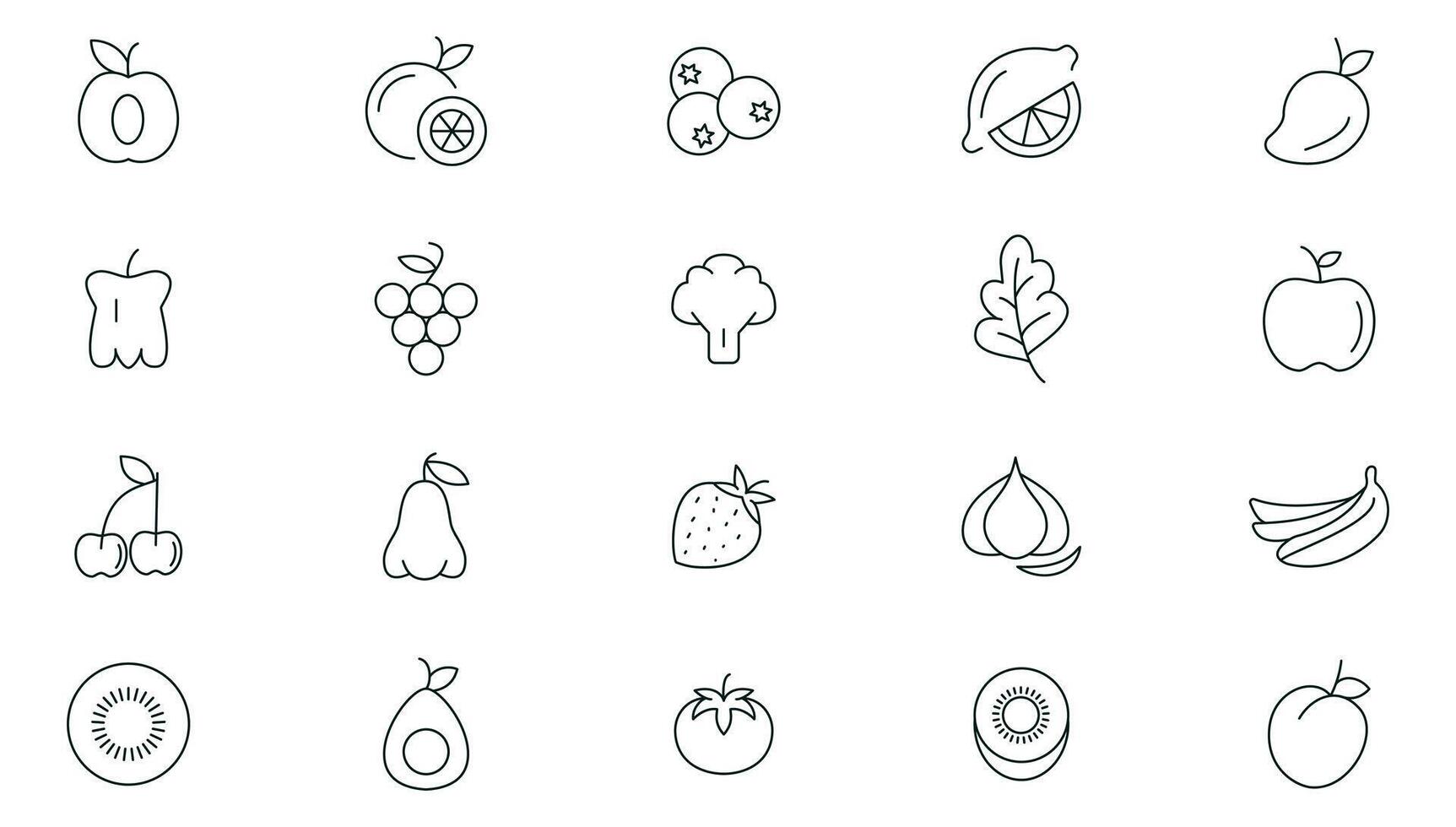 fruit en bessen lijn pictogrammen verzameling. oranje banaan meloen appel, bosbes, ananas pompelmoes, kiwi perzik, fig kiwi vers fruit icoon pak. dun schets pictogrammen. vector