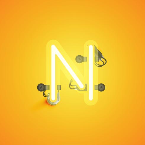 Geel realistisch neonkarakter met draden en console van een fontset, vectorillustratie vector