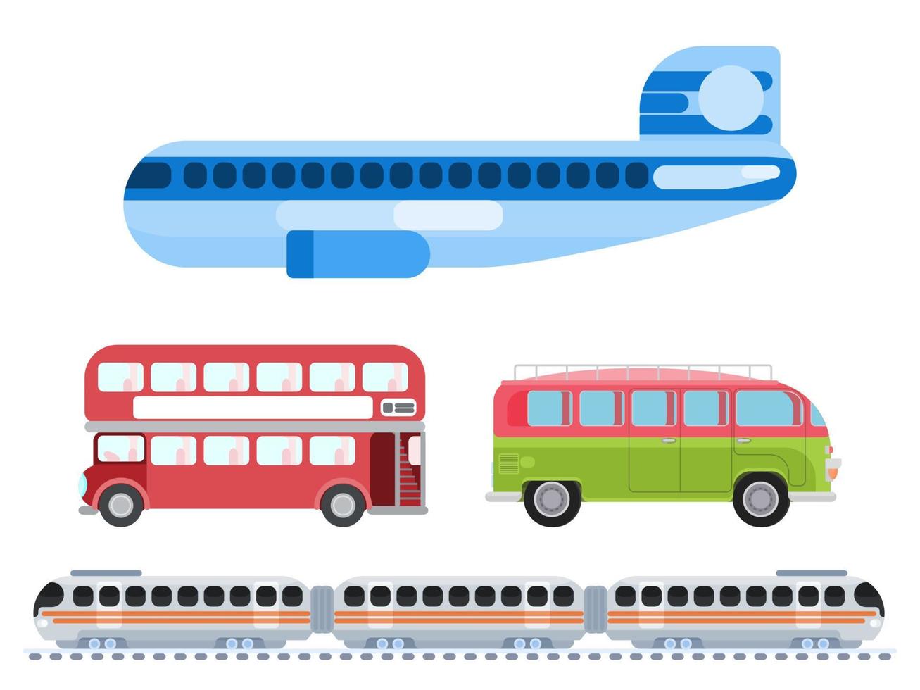 bus vliegtuig auto trein verschillende voertuigen. vlakke stijl vector