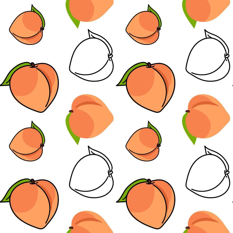 een patroon van gekleurde perziken met een contour, geheel. helder kleuren, gedetailleerd textuur, realistisch schaduw van fruit met bladeren. illustratie in naadloos structuur voor het drukken vector