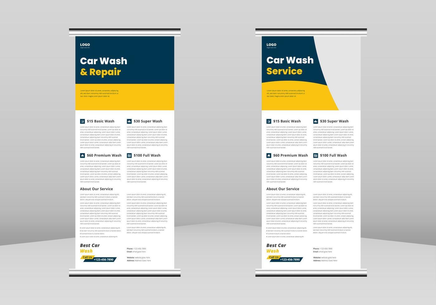 car wash roll-up banner ontwerp, car wash en detaillering service roll-up folder sjabloon. carwash poster sjabloon. car wash en detaillering service dl flyer, trend business roll up banner design vector