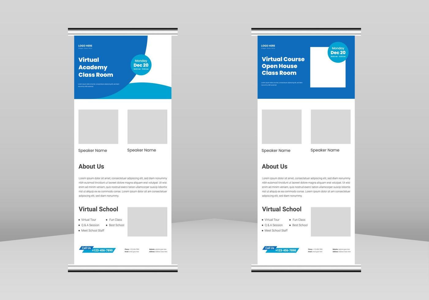 open huis virtuele school roll-up banner ontwerp, open huis virtuele school poster roll-up folder sjabloon. online schoolstudie poster dl flyer, trend business roll-up bannerontwerp vector