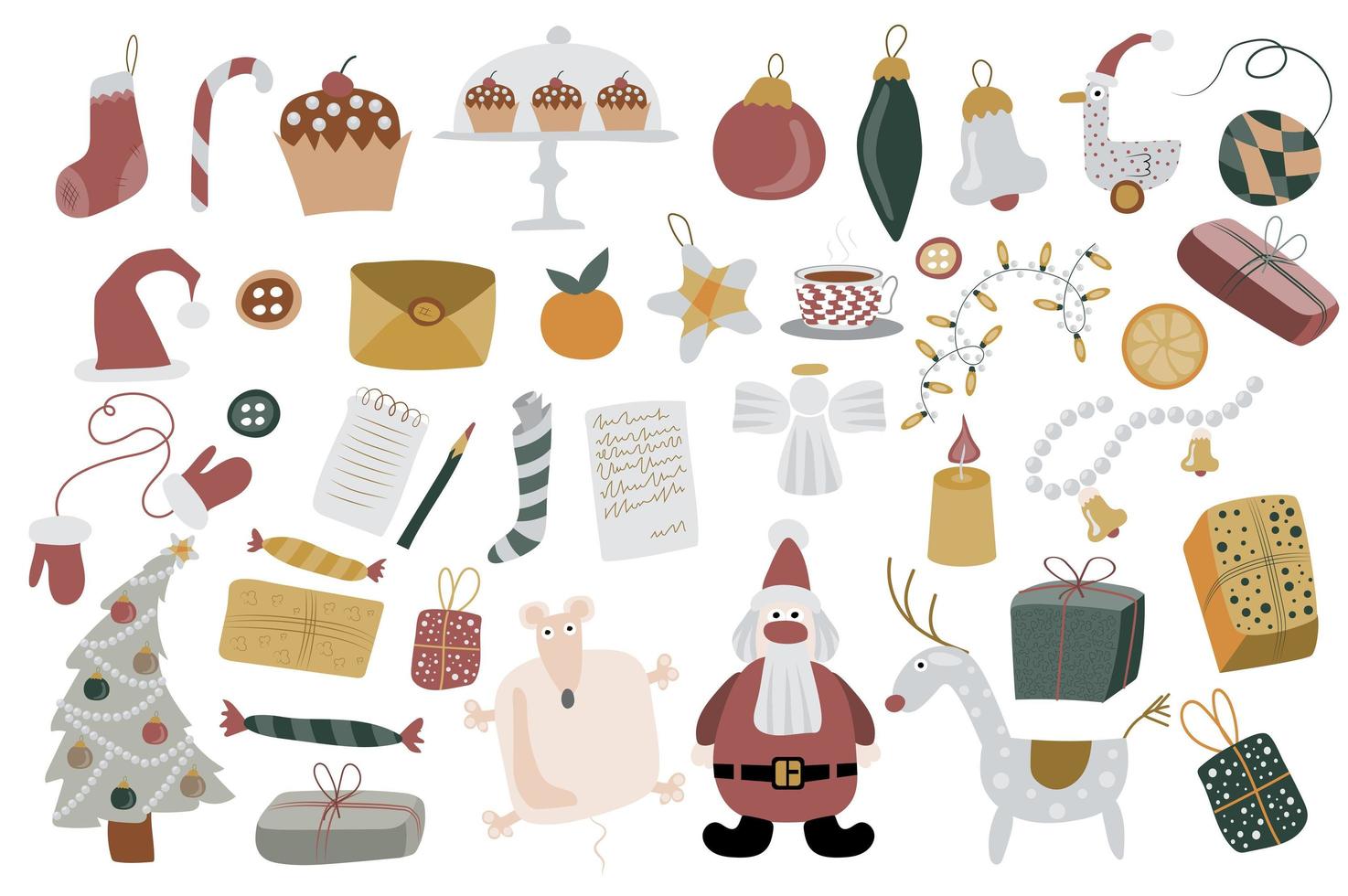 Kerstmis en Nieuwjaar geïsoleerde elementen instellen. bundel vakantiedecor, kerstboom met ballen, speelgoed, geschenken, kerstman en rendieren, brieven. schepper kit voor vectorillustratie in platte cartoon design vector