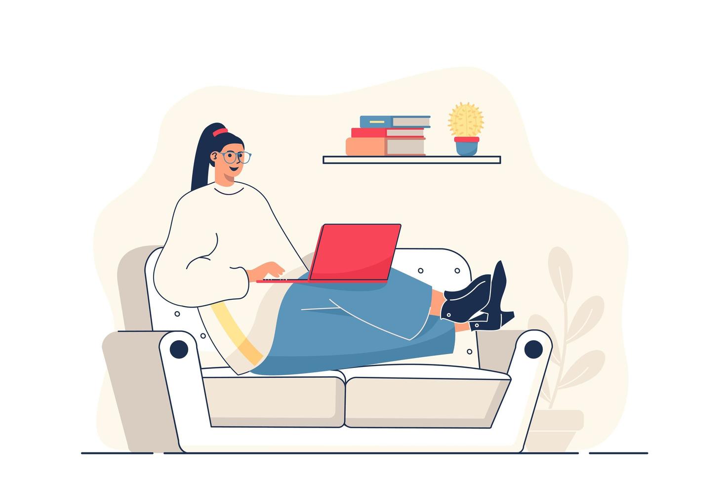 freelance werkconcept voor webbanner. vrouw werk op laptop zittend op de bank thuis. externe werknemer online moderne persoonsscène. vectorillustratie in plat cartoonontwerp met personages van mensen vector