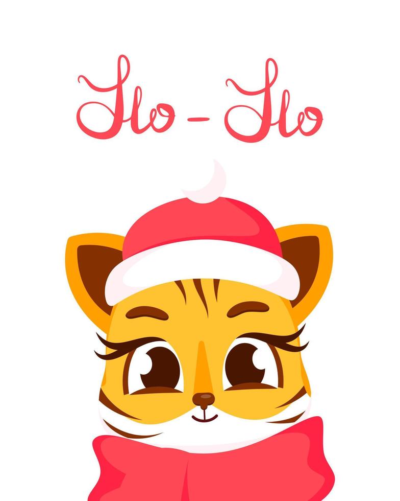 ansichtkaart met de tijger van het nieuwe jaar en de inscriptie ho-ho, een symbool van de nieuwe 2022. nieuwjaar en kerst. vectorillustratie voor banner, internet, decor, design, kunst, kalender, uitnodigingskaart. vector