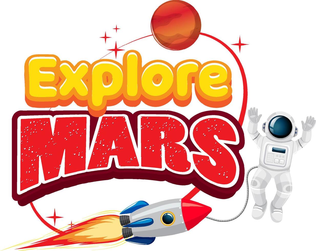 verken mars woord logo ontwerp astronaut en raket vector