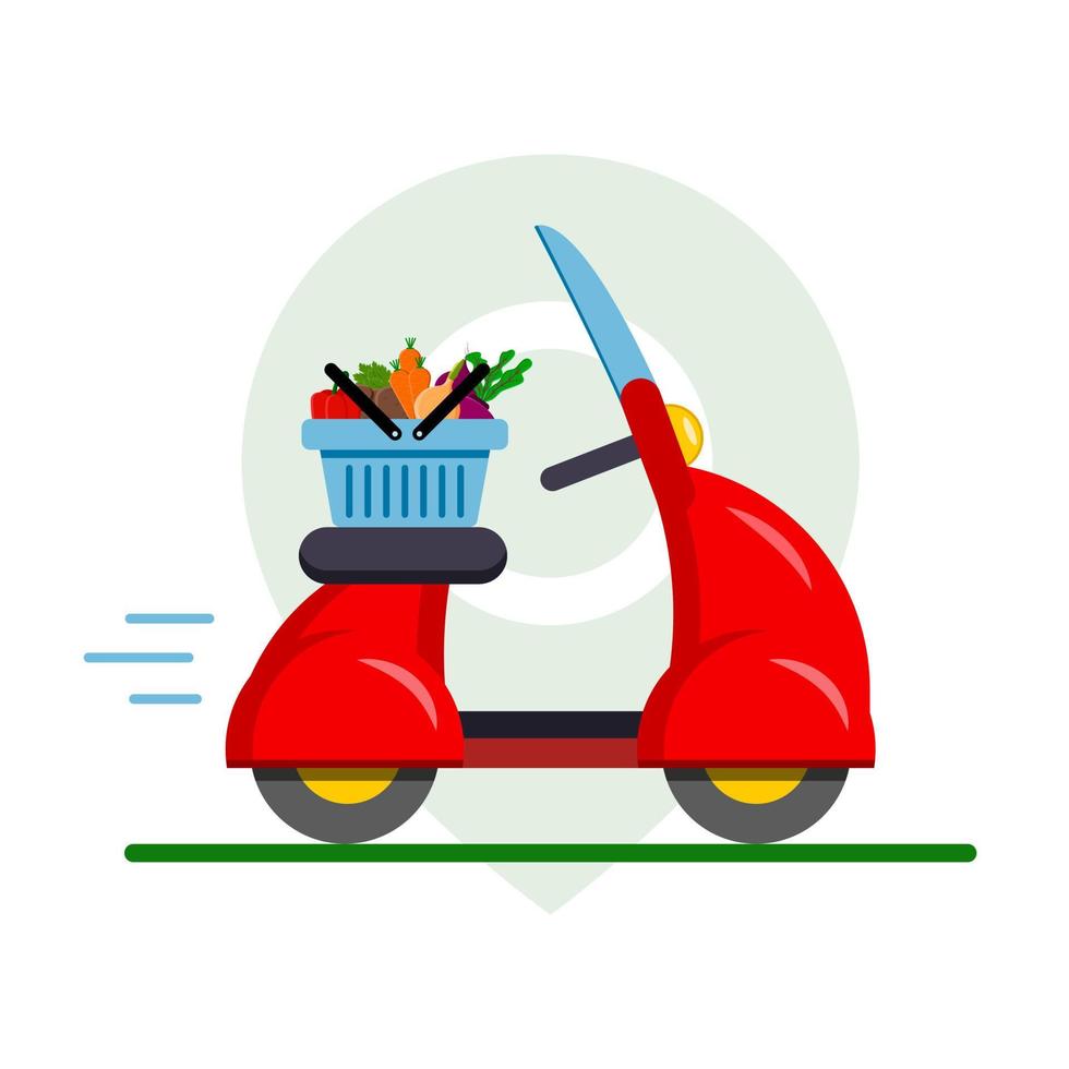 voedselbezorging van groenten op een rode bromfiets, motorfiets via de applicatie op de telefoon vector