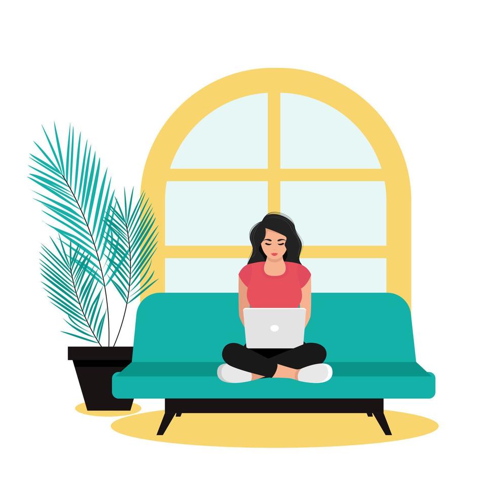 jong meisje zit thuis op de bank en werkt op een laptop. freelancer-concept. vector illustratie