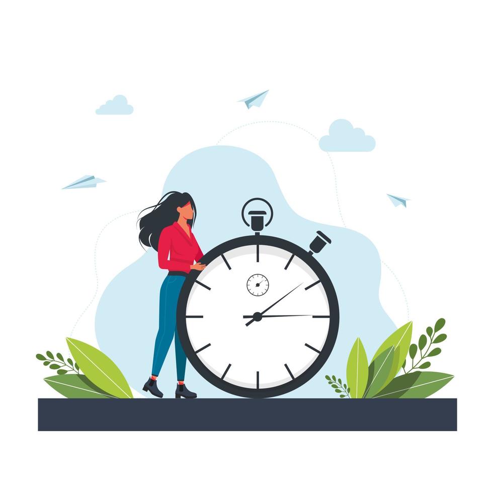 haastige vrouw en stopwatch. concept van timemanagement, effectieve planning voor productief werk, stressvolle taak, deadline, aftellen. moderne plat kleurrijke vectorillustratie voor poster, banner. vector