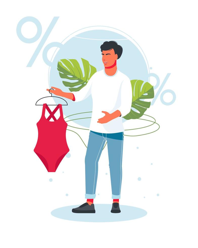 zwemkleding korting. een mannelijke verkoper adverteert met kortingen op een zwempak. de verkoper helpt de koper bij het kiezen van een zwempak, jurk. winkelen, trendy modieuze kleding kopen. vector illustratie