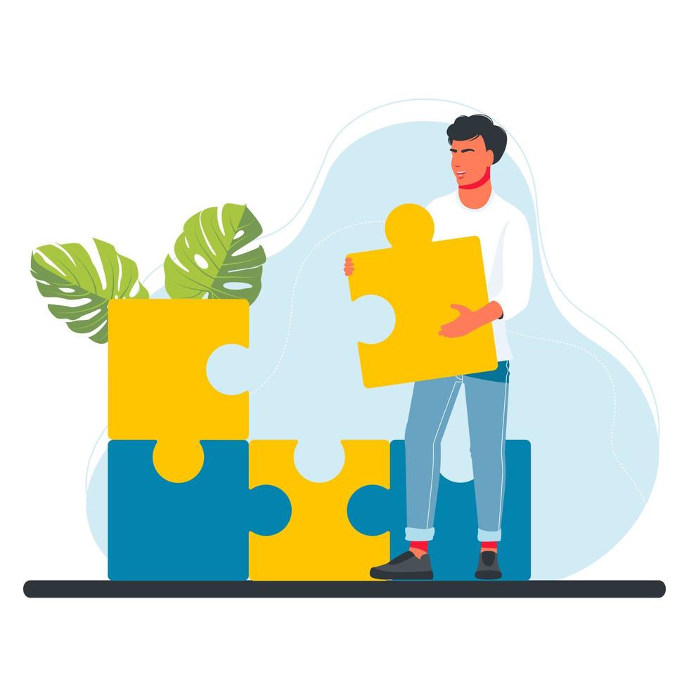 mensen verzamelen een puzzel, een mozaïek. man met grote puzzelstukjes. een succesvol partnerschap, communicatie, samenwerkingsmetafoor. teamwork, zakelijke samenwerking concept. vector illustratie