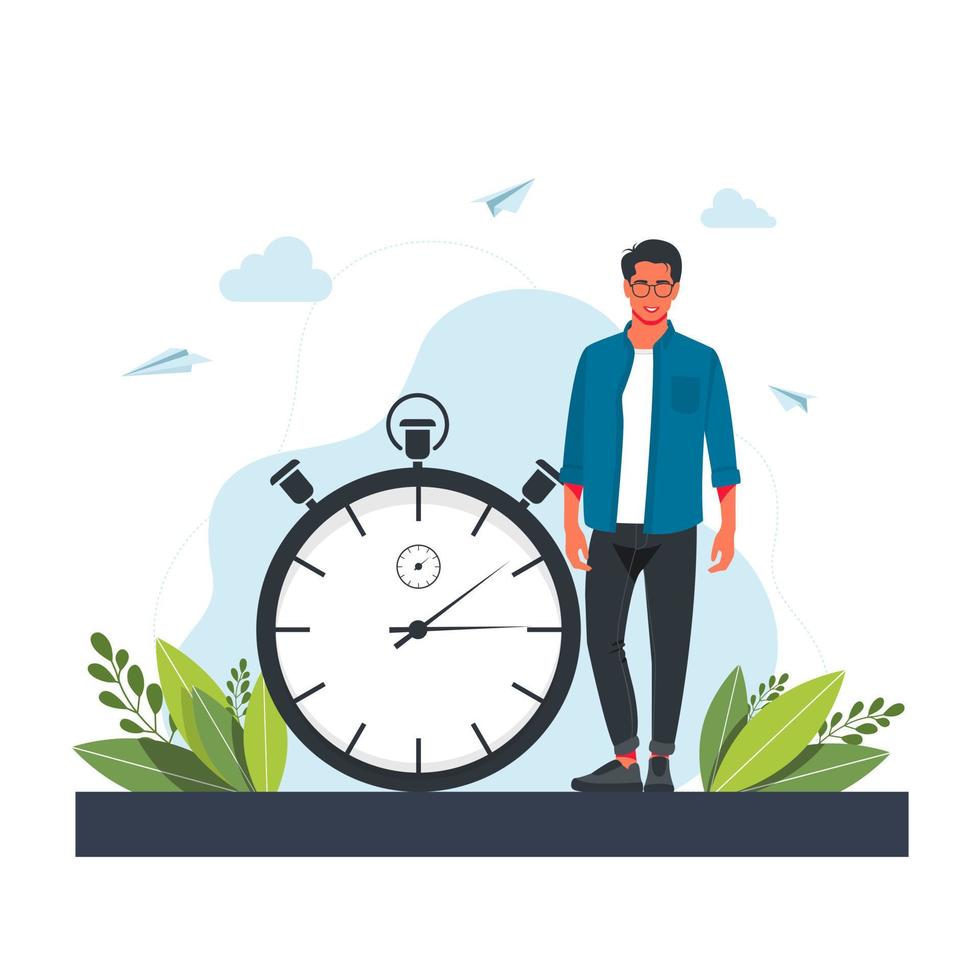 haastige man en stopwatch. concept van timemanagement, effectieve planning voor productief werk, stressvolle taak, deadline, aftellen. moderne plat kleurrijke vectorillustratie voor poster, banner. vector