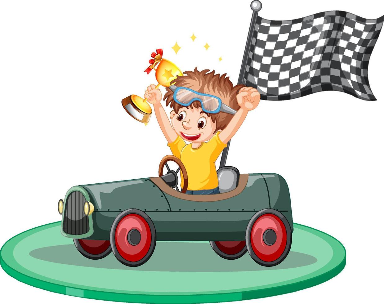 winnaar jongen met trofee in de raceauto vector