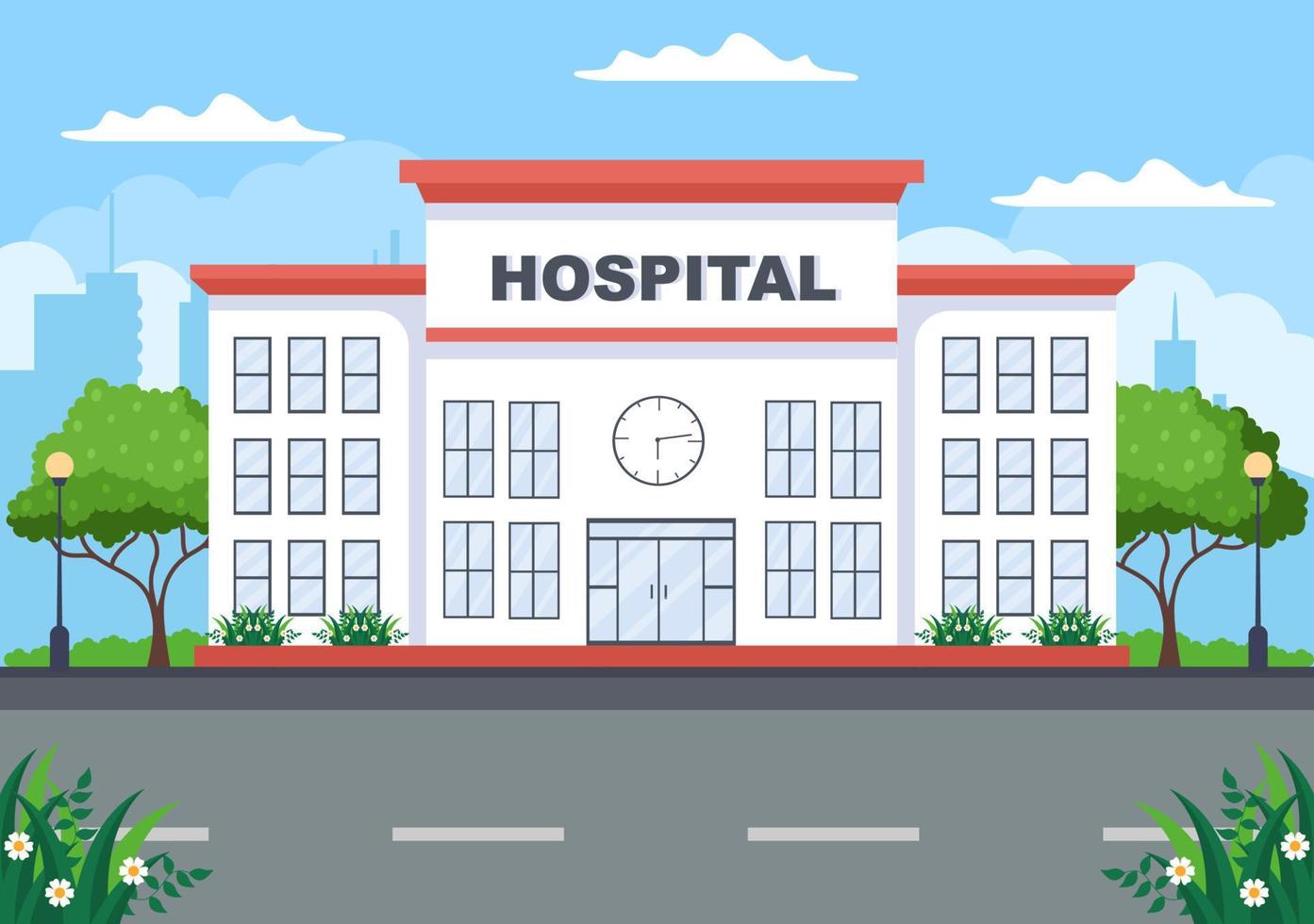 ziekenhuisgebouw voor gezondheidszorg achtergrond vectorillustratie met ambulance auto, arts, patiënt, verpleegkundigen en medische kliniek exterieur vector