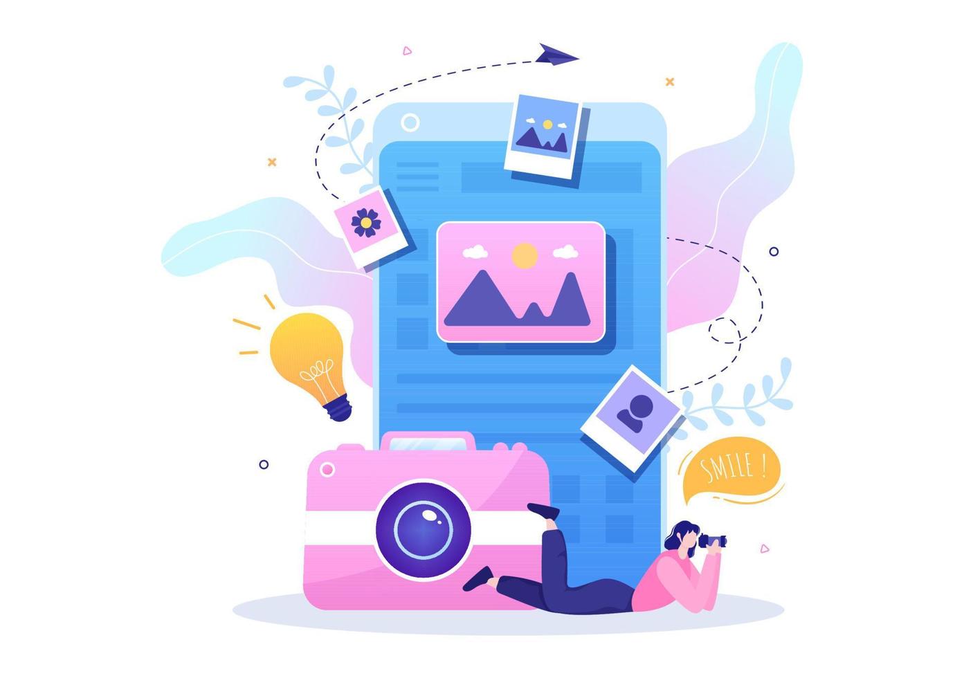 fotograaf platte ontwerp achtergrond met camera, digitale film apparatuur technologie en foto persoon in cartoon stijl vectorillustratie vector