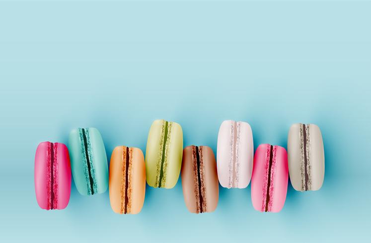 Hoog gedetailleerde kleurrijke macarons op blauwe achtergrond, vectorillustratie vector