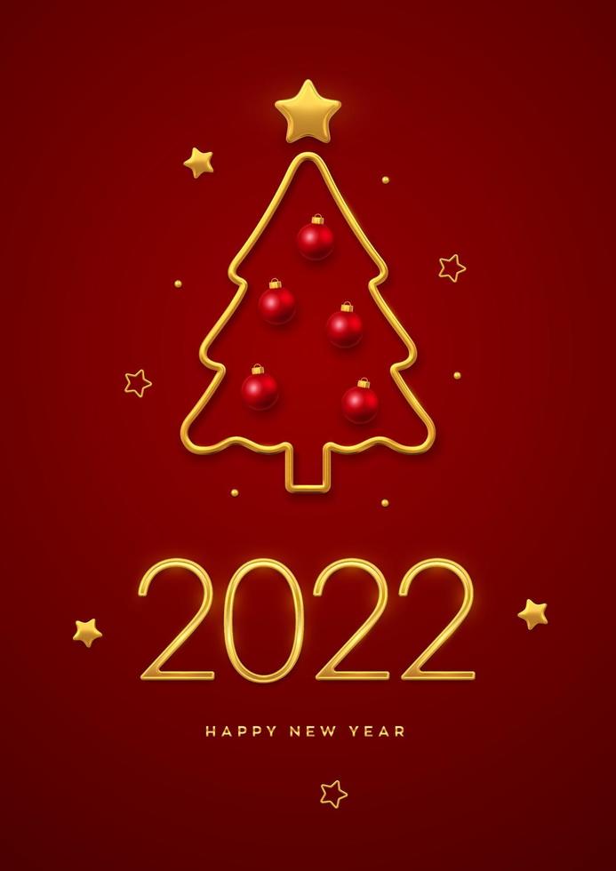 gelukkig nieuw 2022 jaar. gouden metalen luxenummers 2022 met gouden metalen kerstboom, gouden ballen en sterren. wenskaart, feestelijke poster of vakantiebannerontwerp. vectorillustratie. vector