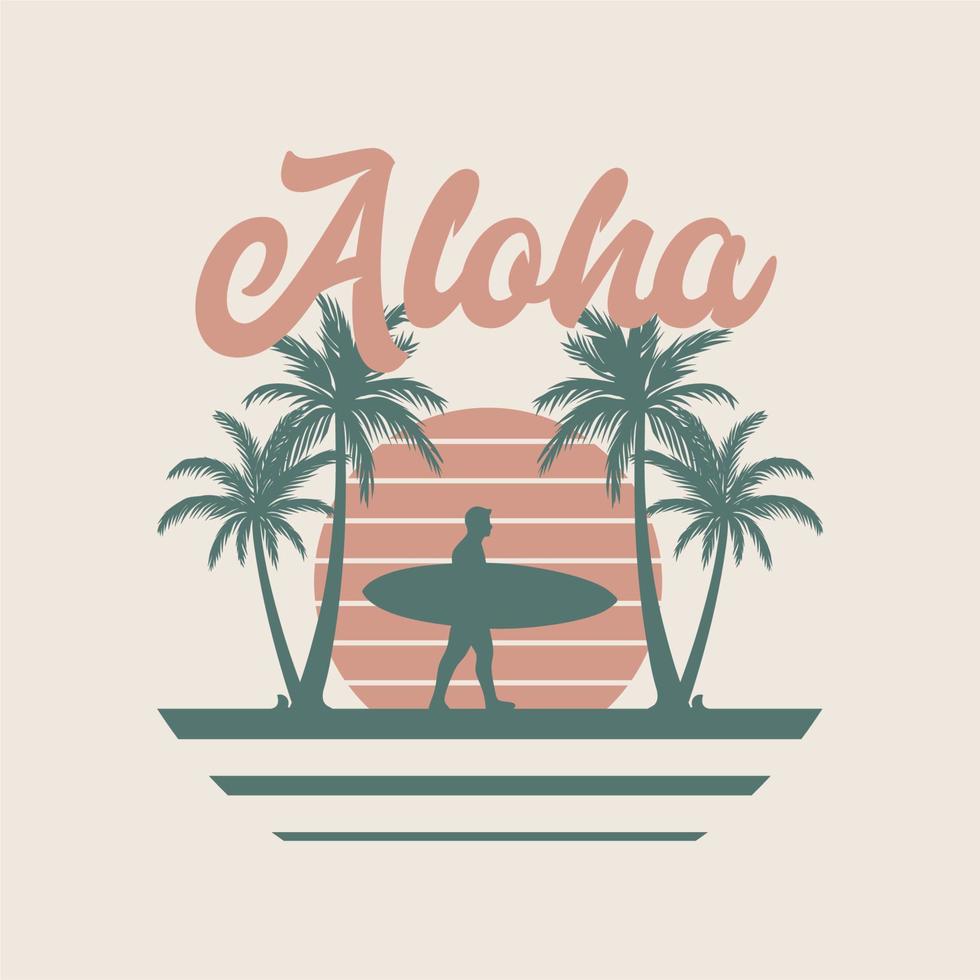 t-shirtontwerp aloha met silhouet man met surfplank vlakke afbeelding vector
