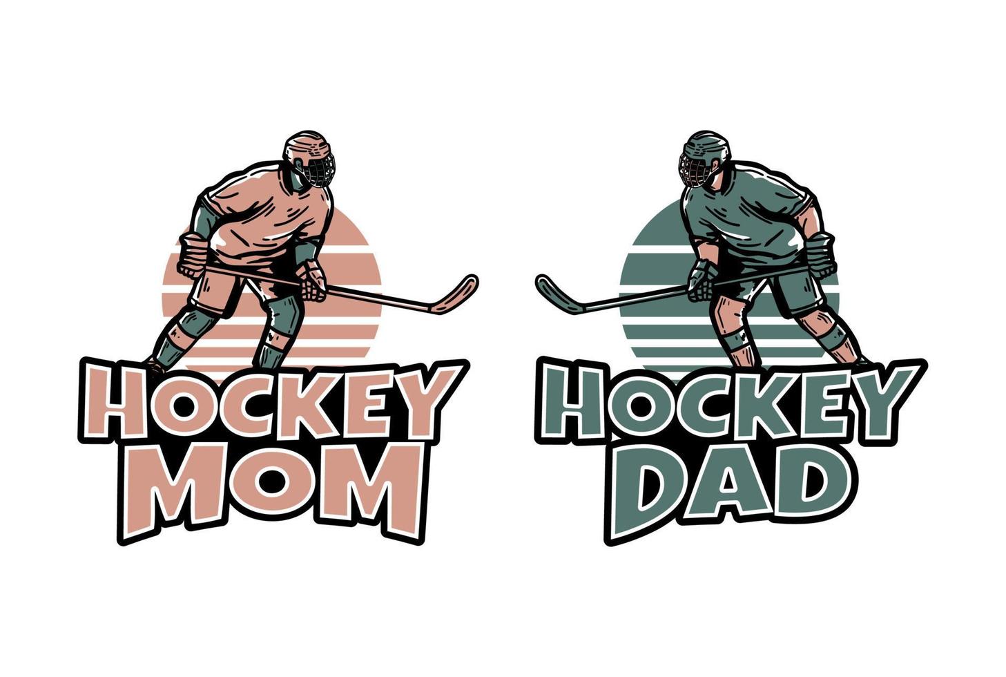 t-shirt ontwerp paar hockey mama en papa met hockeyspeler die hockeystick vasthoudt bij het glijden op het ijs vintage illustratie vector