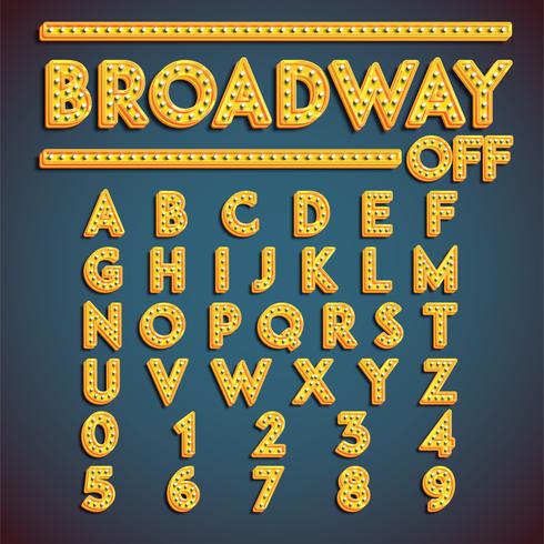 &#39;Broadway&#39; fontset met lampen, vectorillustratie vector