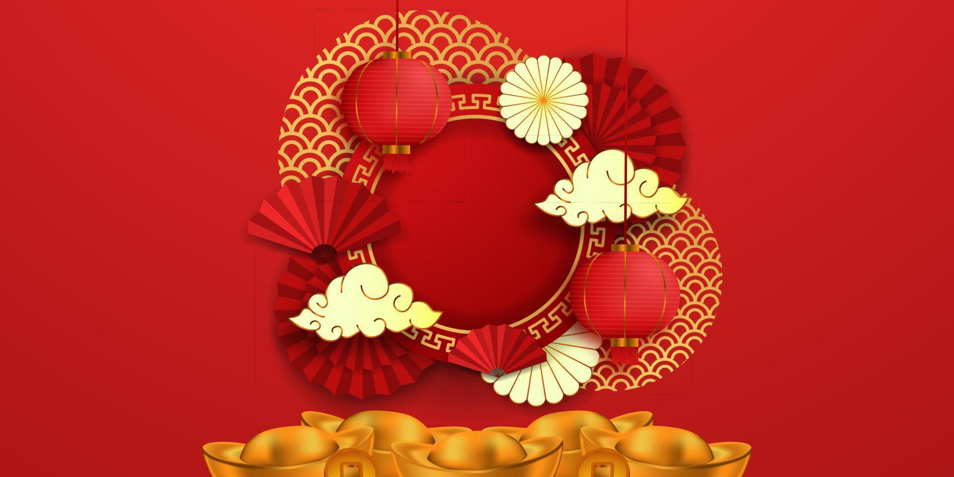 hangende traditionele moderne aziatische. gelukkig chinees nieuwjaar met lantaarn, sycee ingots goud vector