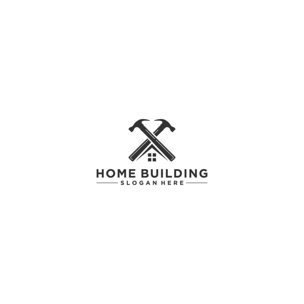 logo voor woningbouw of woningbouw met hamer en huisramen vector
