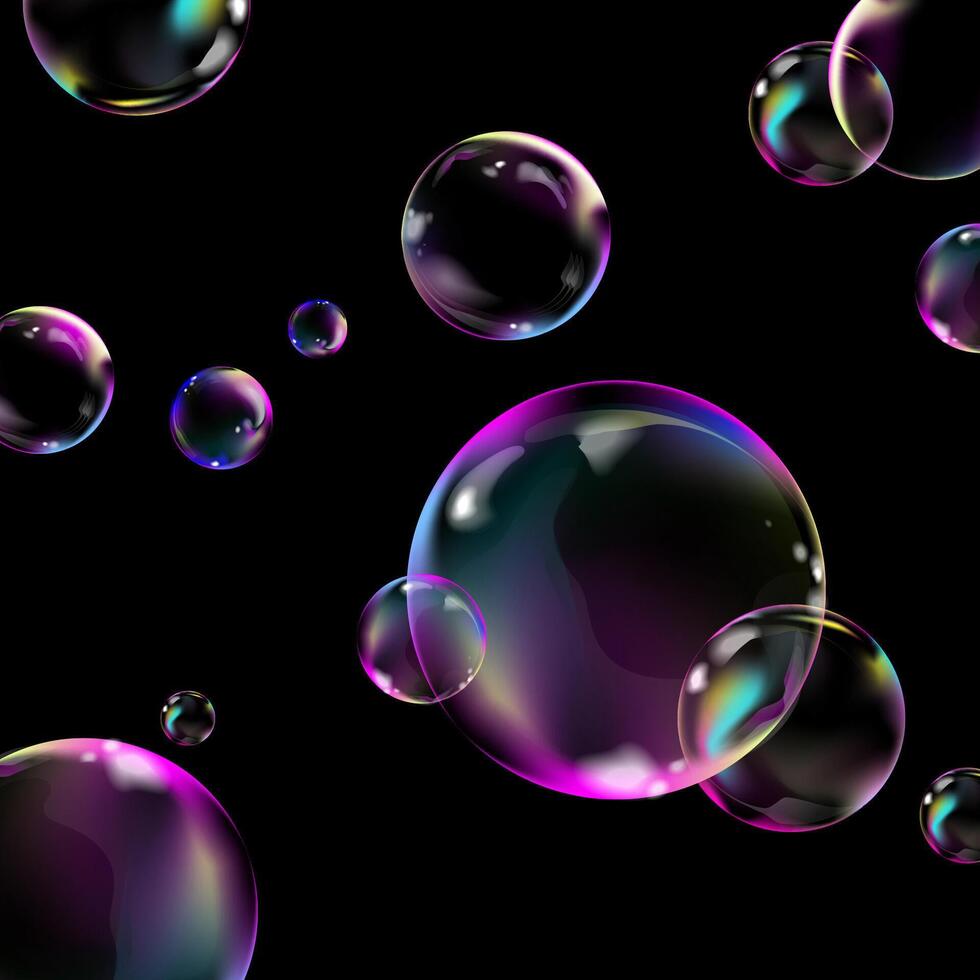 gloeiend transparant bubbels Aan zwart achtergrond. zwart achtergrond met realistisch iriserend bubbel met plaats voor tekst. plein samenstelling met zeep bubbels.creatief ontwerp. illustratie vector
