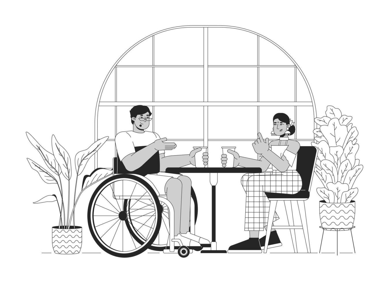 bezoek cafe met gehandicapt vriend lijn zwart en wit lijn illustratie. Arabisch Mens in rolstoel en Indisch vrouw 2d lijn kunst tekens geïsoleerd. avondeten monochroom tafereel schets beeld vector