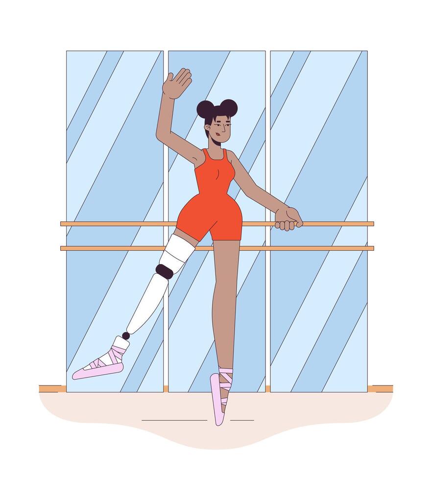 gehandicapt ballerina lijn tekenfilm vlak illustratie. Afrikaanse Amerikaans vrouw met been prothese dansen 2d lijn kunst karakter geïsoleerd Aan wit achtergrond. onbekwaamheid danser tafereel kleur beeld vector