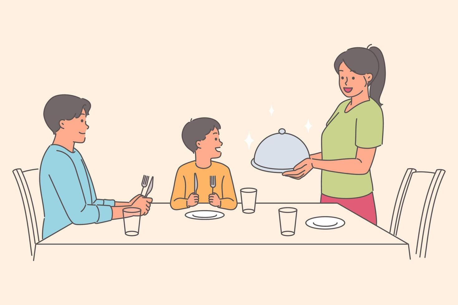 zorgzaam vrouw serveert avondeten naar man en zoon zittend Bij tafel, gedurende familie vakantie vector