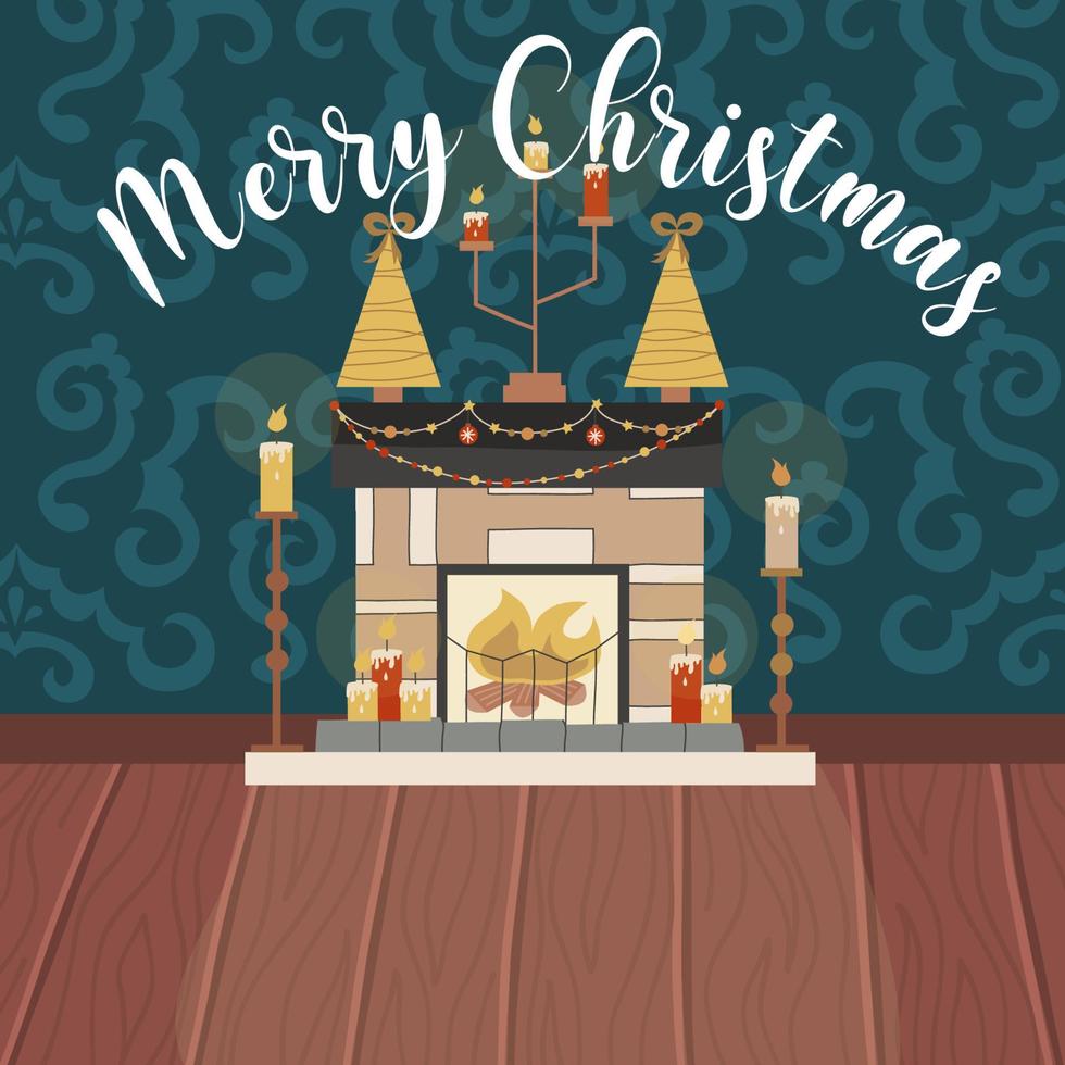 kerst woonkamer met open haard, houten vloer, patroonbehang en merry christmas text.fireplace met kaarsen, guirlande, gouden kerstbomen. vectorillustratie voor feestelijke ansichtkaarten. vector
