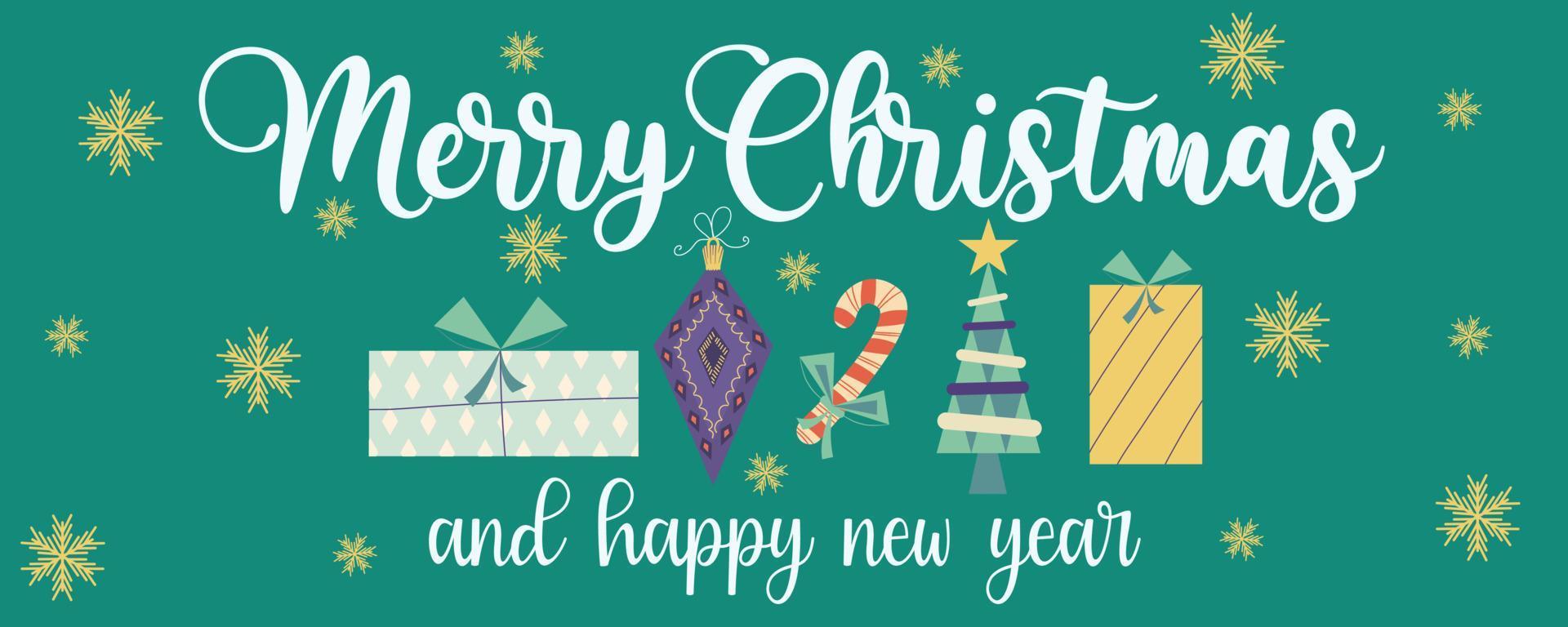 kerst achtergrond retro banner met tekst vrolijk kerstfeest en geschenken, toys.cover met geschenken, speelgoed en een boom. feestelijke felicitaties. vector illustratie