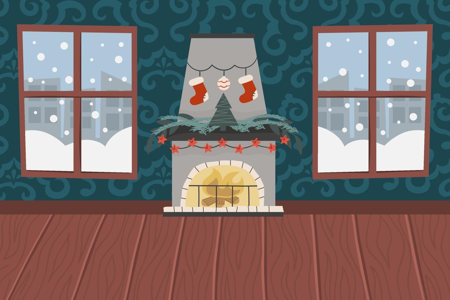 kerst woonkamer met open haard, houten vloer, patroon behang en besneeuwde windows.fireplace met een boom, kerst sokken en slingers... vectorillustratie voor een feestelijk interieur. vector