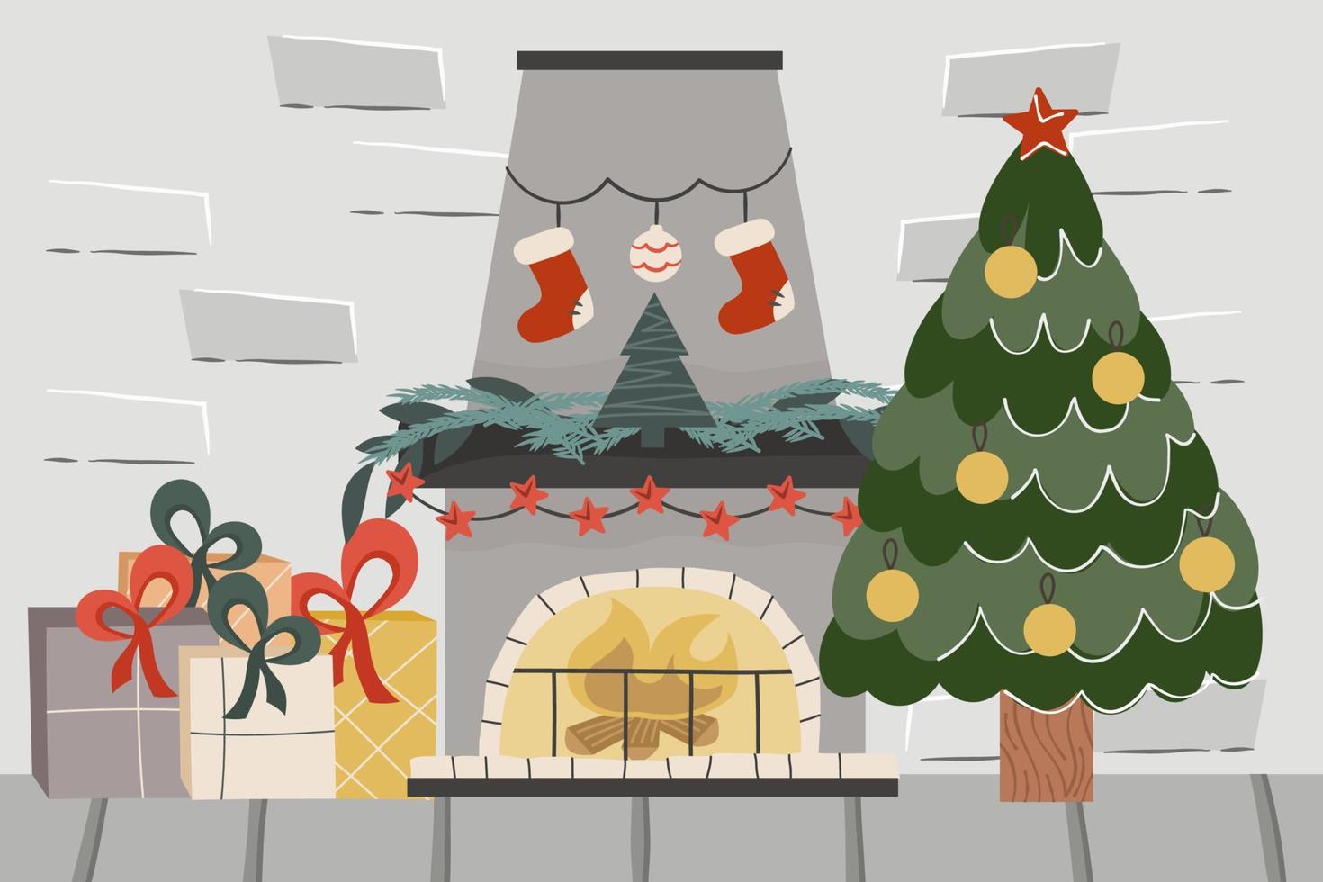 kerst baksteen loft met open haard en tree.decorated ballen vuren, open haard met kaarsen en geschenken. vectorillustratie van een feestelijk interieur vector