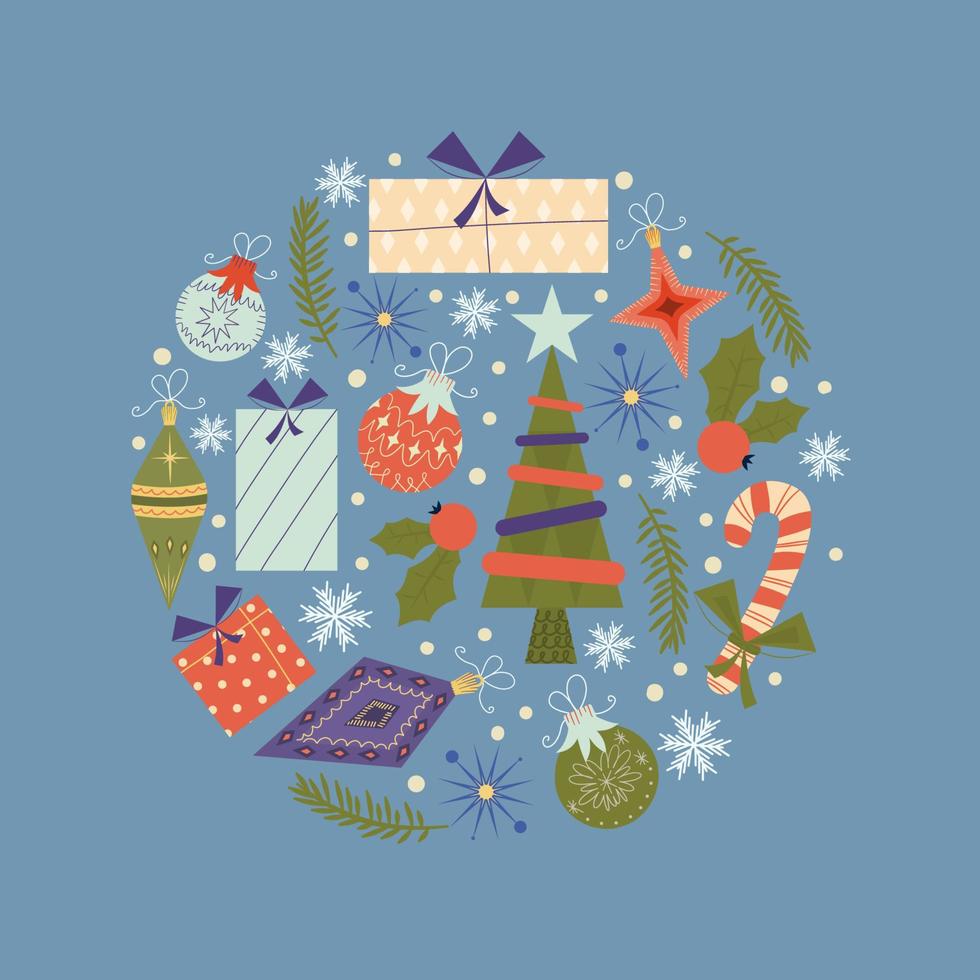 kerst ronde vintage design geïsoleerd op blauwe background.retro kleuren voor kerstversiering, ballen, bomen, geschenken. ronde omslagsamenstelling met sneeuwvlokken in vlakke stijl. vectorillustratie. vector