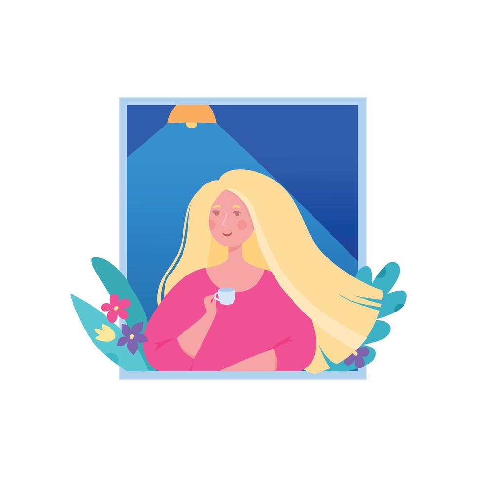 schattige blonde vrouw drink 's ochtends koffiekopje pictogram, cartoon stijl vector