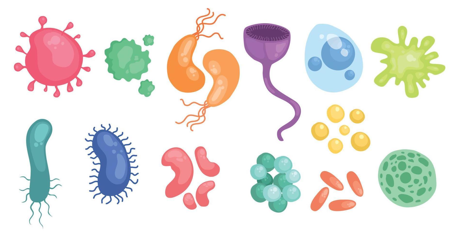 bacteriën en ziektekiemen kleurrijke set, micro-organismen ziekteverwekkende objecten, verschillende soorten, bacteriën, virussen, schimmels, protozoa. vector vlakke stijl cartoon illustratie geïsoleerd op een witte achtergrond