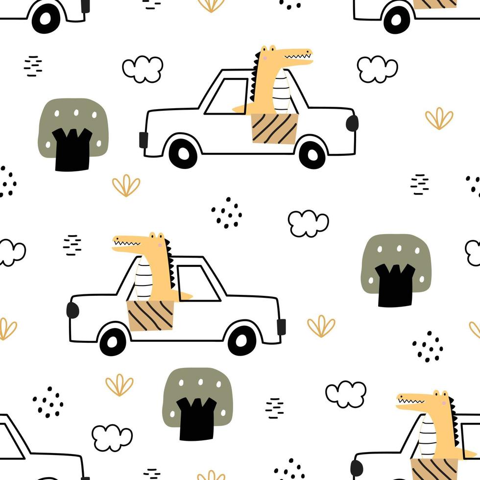vervoer achtergrond voor kinderen. naadloze patroon cartoon krokodil op de auto hand getekende ontwerp in kinderstijl. gebruik voor prints, wallpapers, kleding, textiel, vectorillustraties. vector