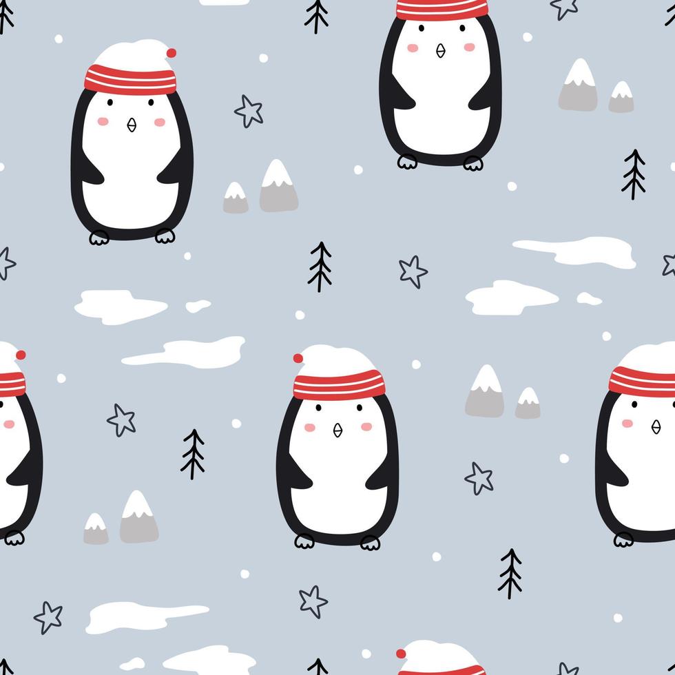 Kerst naadloos patroon met pinguïns en dennensneeuw op blauwe achtergrond hand getekende ontwerp in cartoon stijl, gebruik voor print, viering behang, stof, textiel. vector illustratie