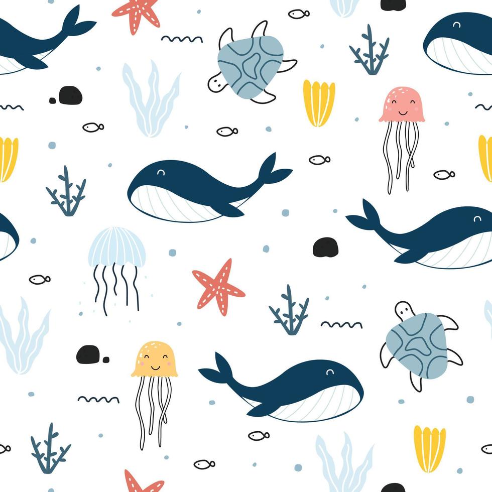 blauwe vinvis met zeeleven naadloze schattige cartoon achtergrond. ontwerpen die worden gebruikt voor textiel, kledingstijlen, prints, wallpapers, vectorillustraties. vector
