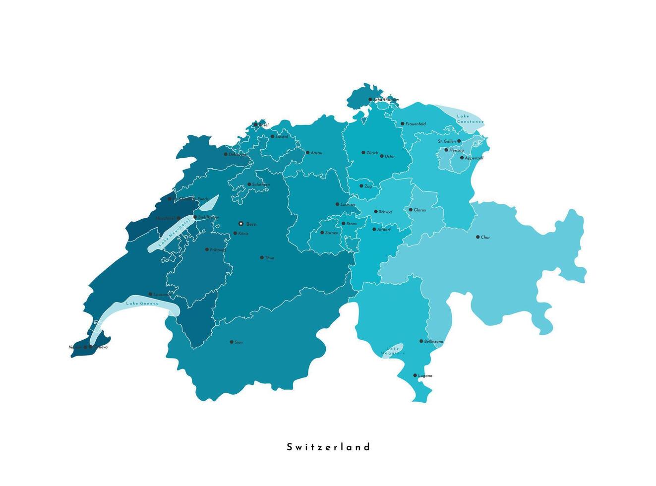 modern geïsoleerd illustratie. vereenvoudigd administratief blauw kaart van Zwitserland. licht blauw vormen van meren. namen van Zwitsers steden en Regio's, kantons. wit achtergrond. vector
