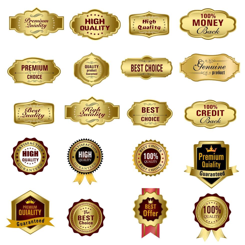 reeks van kwaliteit badges en etiketten ontwerp elementen. gouden insigne etiketten en laurier retro wijnoogst verzameling. embleem premie luxe logo in retro stijl sjabloon badges verzameling. vector