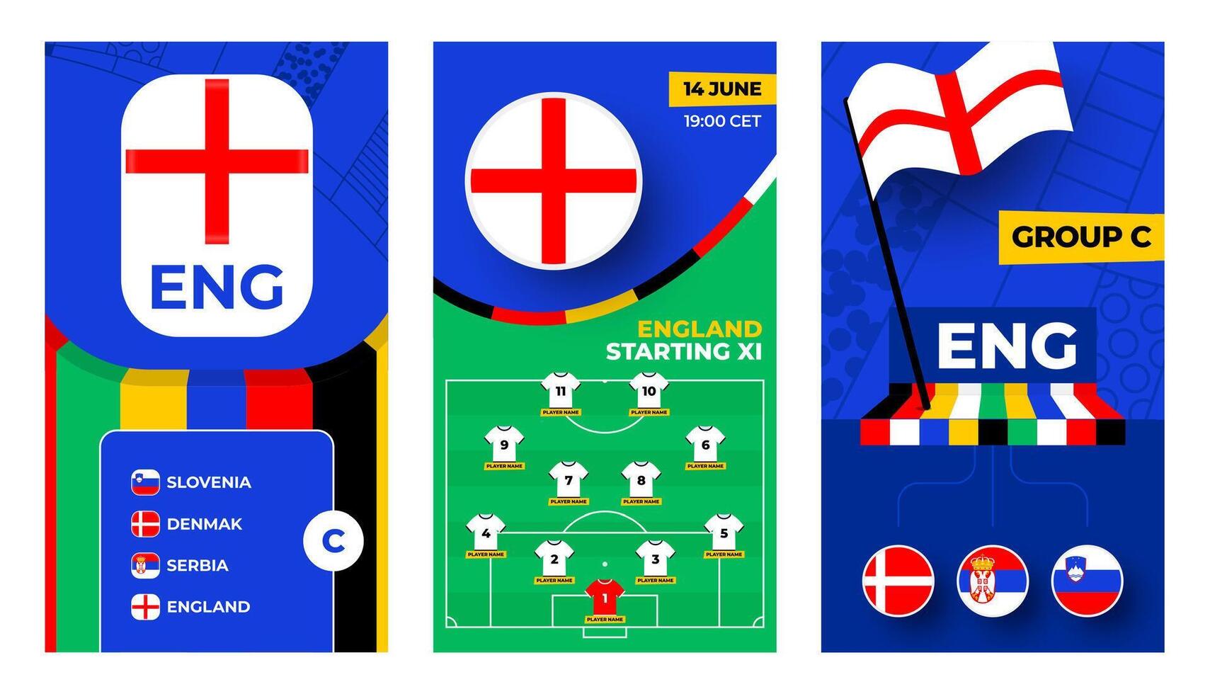 Engeland Amerikaans voetbal team 2024 verticaal banier reeks voor sociaal media. Amerikaans voetbal 2024 banier met groep, pin vlag, bij elkaar passen schema en rij Aan voetbal veld- vector